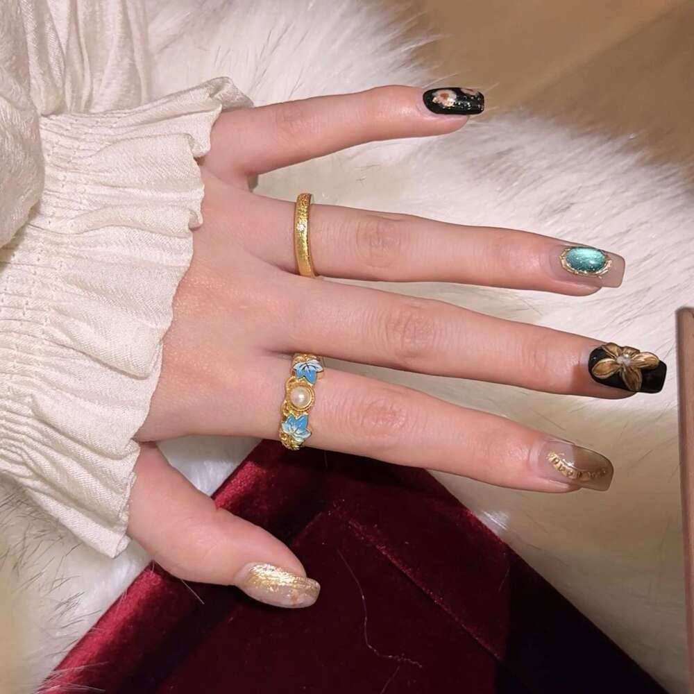 New Chinese-style vintage pearl enamel maple leaf ring, elegant sophisticated, retro and exquisite, versatile national-style ring