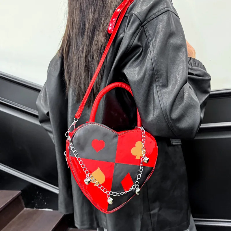 Y2k Contrast Color Heart Shape Shoulder Bags for Women Cool Chain PU Leather Crossbody Bag Portable Ladies Handbags 260129