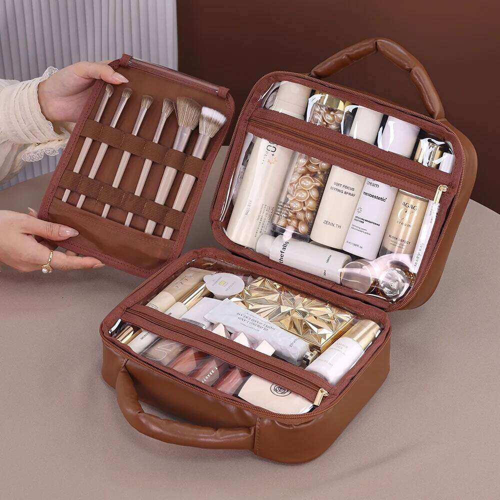 Large Capacity PU Grid Melody Women's Cosmetic Storage Box Portable Travel Makeup High-end Feel Multi-compartment Wash Bag Y260206