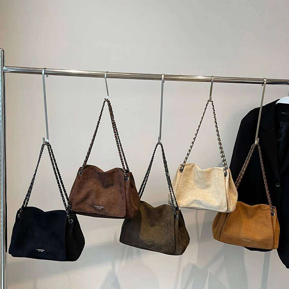 Women Vintage Suede Chain One Shoulder Bag Autumn Winter Solid Square Buckle Versatile Crossbody Bags Commute Underarm Packs Y260205