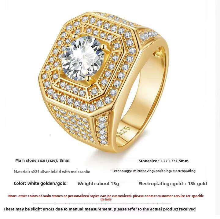 Moissanite Rings Gra Certified 925 Sterling Silver Men's Classic 18K Gold Plated Brilliant Cut Prong Setting Custom Ring VVS