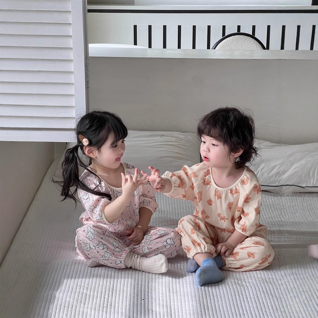 Pajamas Spring Children Cotton double gauze soft pajama sets Boys Girls cartoon long sleeve Tops and pants Homewear 230503