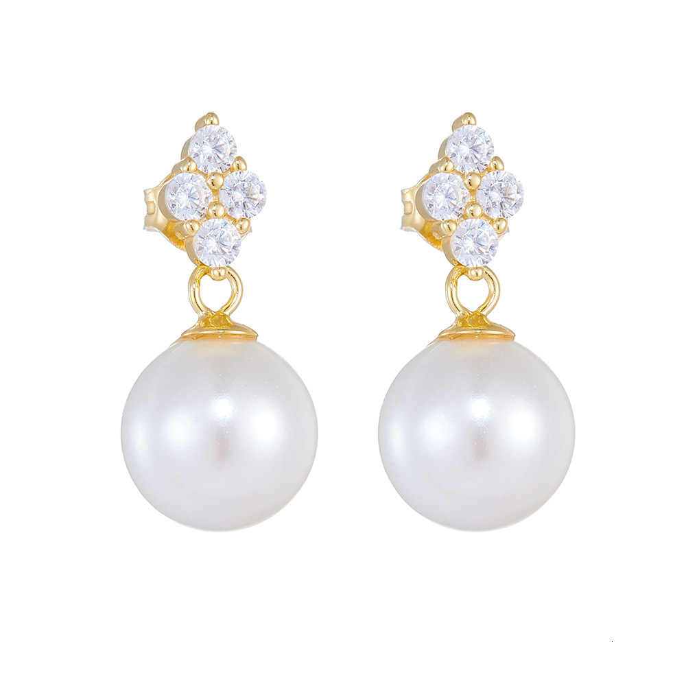 S925 sterling silver Korean-style micro-inlaid zircon four-leaf clover pearl earrings, high-end, simple, elegant, niche earrings