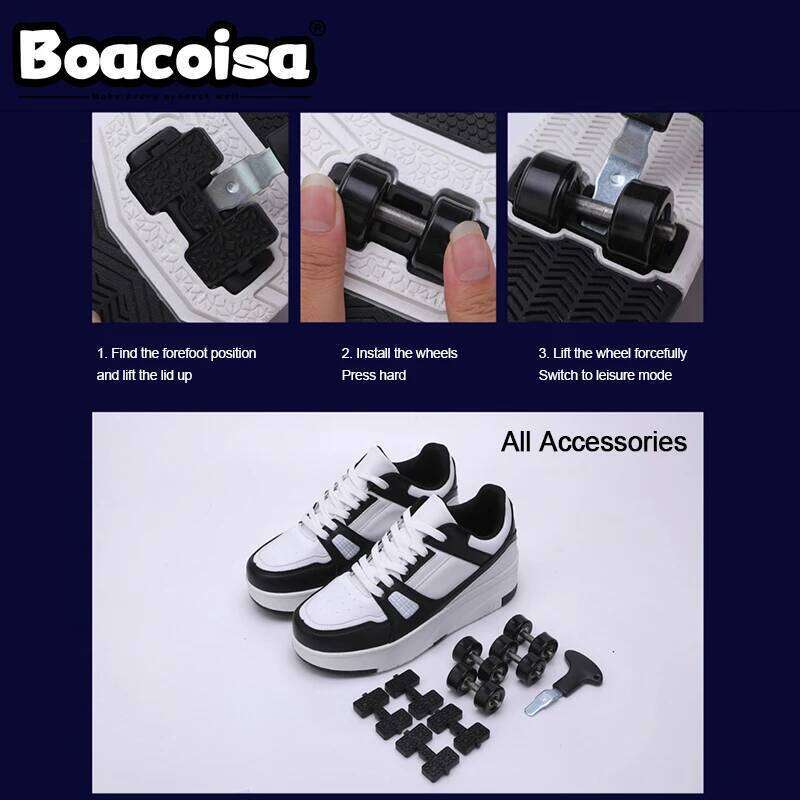 Boacoisa 4 Wheel Skate Shoes foy Boys Girls Walking Casual Outdoor Sports Slide Shrink School Students Pulleys Sneakers 26Y0206
