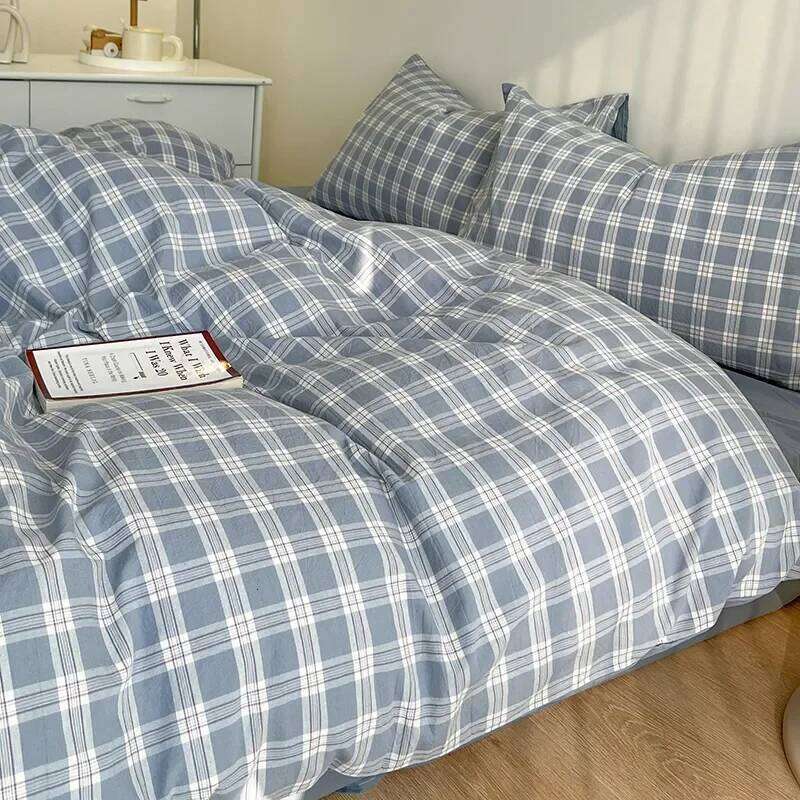 Green Nordic Bedding Set Ins Plaid Girls Boys Double Queen Size Duvet Cover Flat Sheet Pillowcase New No Filler Bed Linens XJ260206