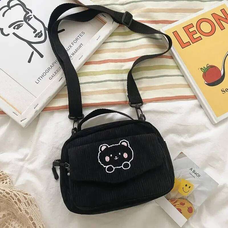 Personalized Teddy Bear Embroidered Diagonal Shoulder Corduroy Crossbody Bag, Cute Teen Canvas Bag,Harajuku Phone Pouch XJ260129
