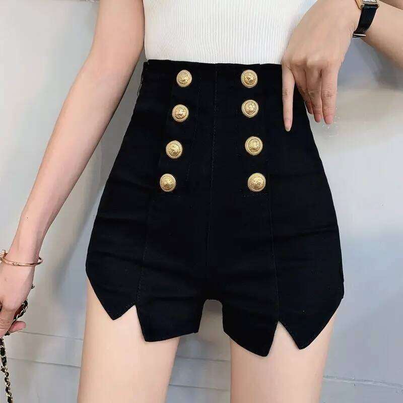Summer New Korean Double Breasted Black A-line Shorts Women High Waisted Pockets Sexy Trendy Straight Thin Short Pants 2024 XJ260206