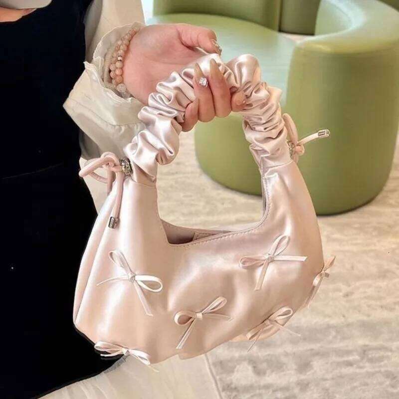 Sweet Cute Bow Handbag Women Pleated Satin Fabric Single Shoulder Ladies Ballet Style Elegant Pink Harajuku Underarm Bag New Y260205