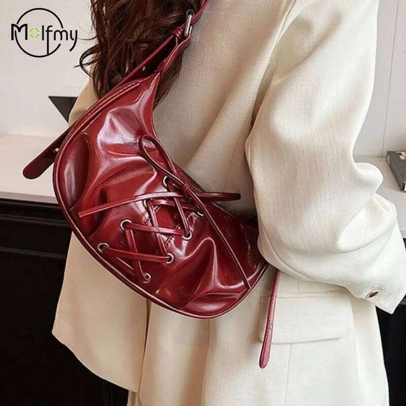 Cute Y2k Womens Shoulder Bags Retro Underarm Shiny Surface Fashion Elegant Sweet Lolita Designer Bag Bow Female Handbag Y260205