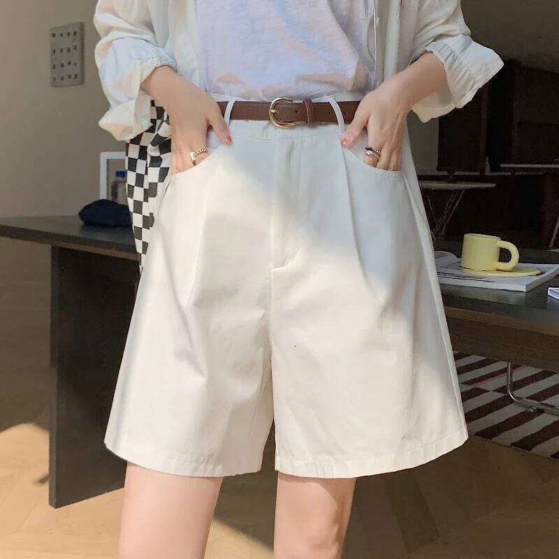 2025 New Cotton and Linen Cargo Shorts for Women Summer Solid High Waist Korean Casual Loose Wide Leg Short Pants Female XJ260206