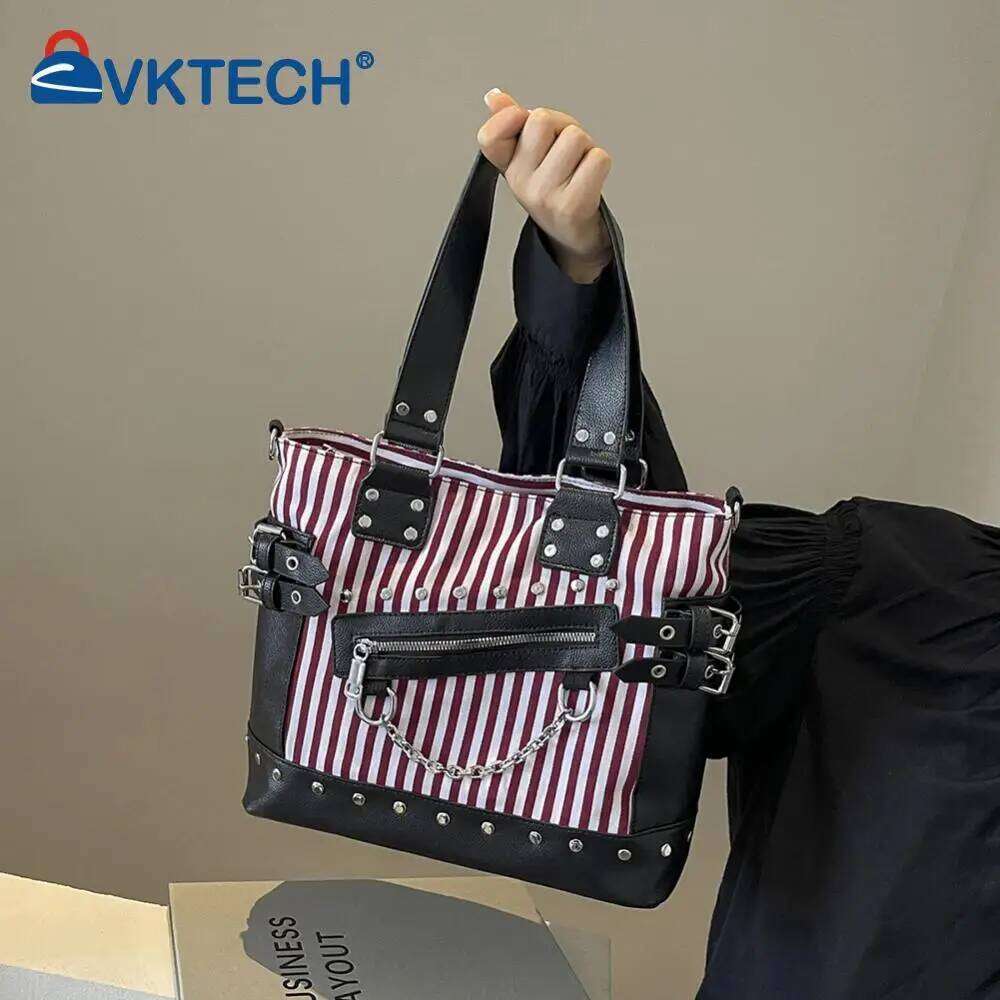 Women Rivet Shoulder Fashion Patchwork Large Capacity Canvas Tote Handbag Striped Adjustable Strap Cool Satchel Bag Y260205