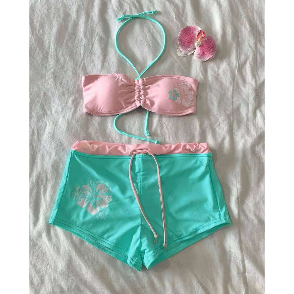 Summer Youth Sweetheart Sexy Hot Girl Millennium Subcultural Style Hanging Neck Strap Bikini Set Trendy Fashion Women Beach Wear Z260206