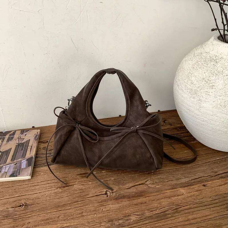 Dainty Double Bows PU Leather Suede Clutch Women Slouchy Chic Purse Satchel For Party Use Crossbody Strap Y260205