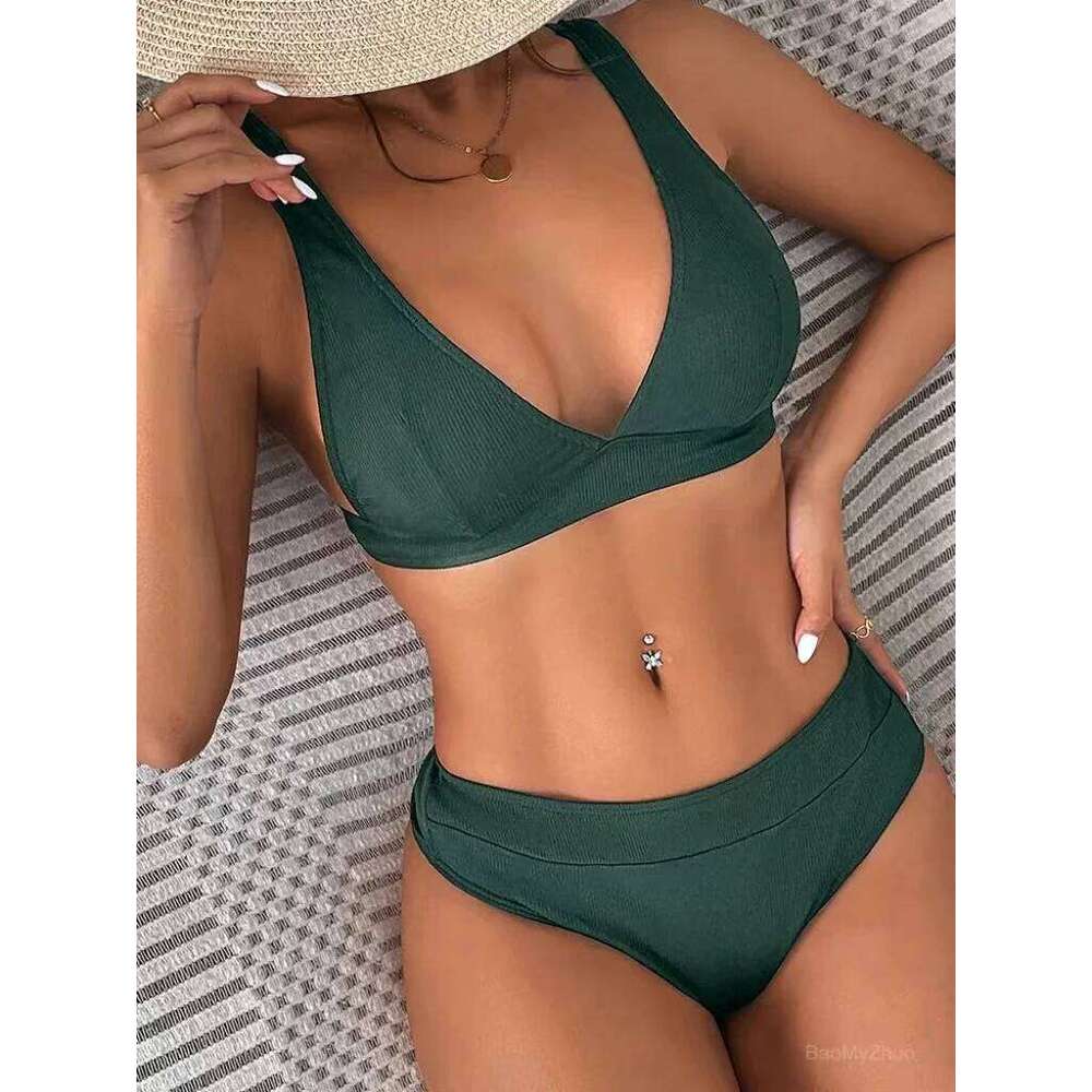2024 Solid Small Pit Stripe High Waisted V-Neck Bikini Women Sexy Split Swimming Female Ribbed Two-Pieces Beach Swimsuit Suits XJ260206