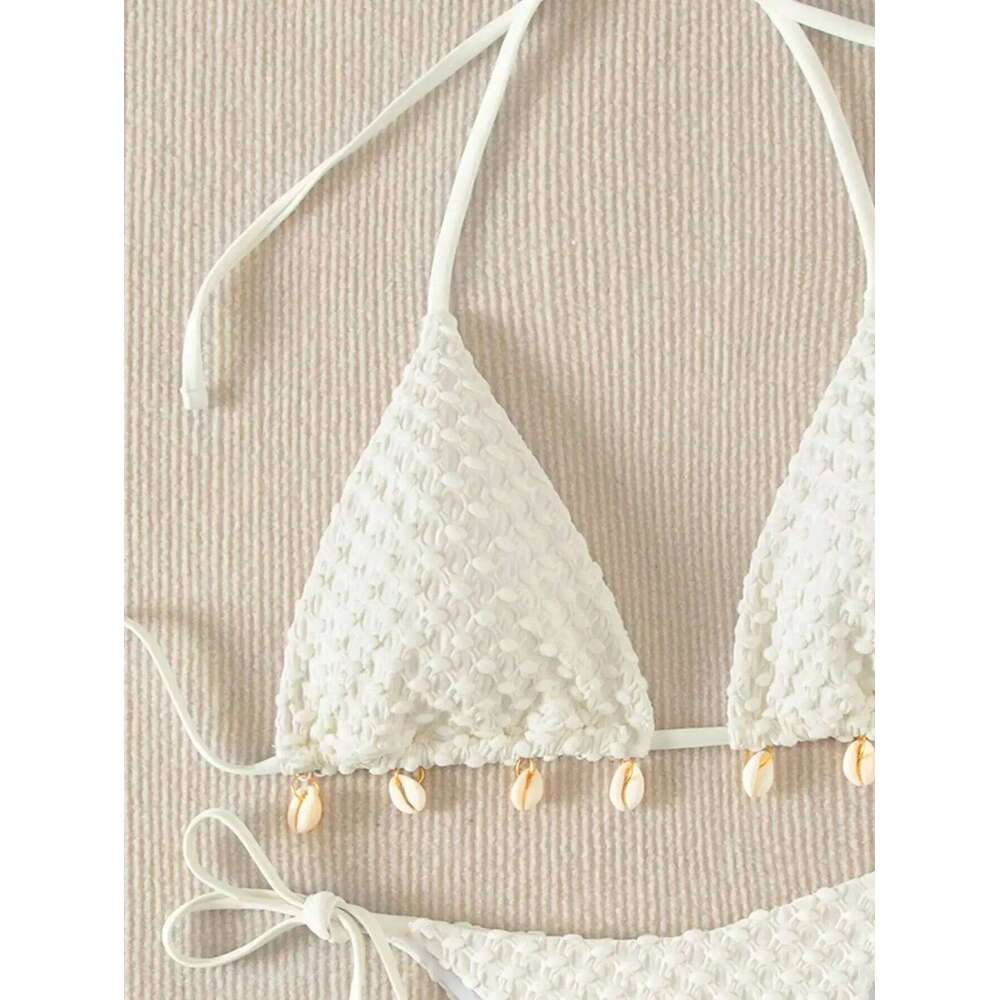 Sexy Bikini Set White Shell Swimsuit 2025 New Halter Push Up Micro Bikinis Summer Bathing Suit Tie Side Thong Swimwear Z260206