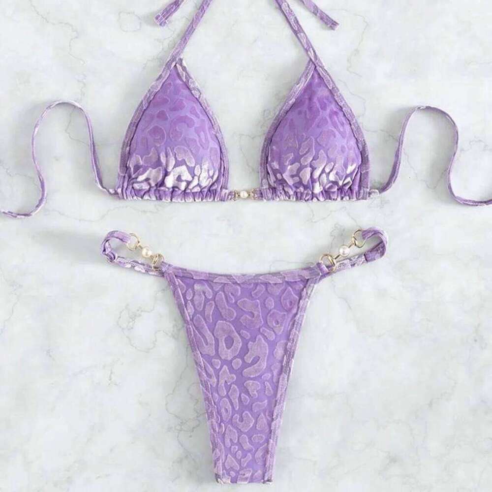Sexy Leopard Velvet Mini Micro Thong Bikinis Women Swimwear Female Swimsuit Two-piece Bikini Set Halter Bathing Suit Swim Z260206