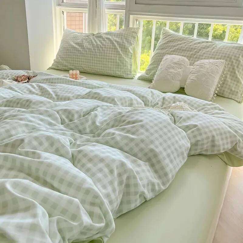 Green Nordic Bedding Set Ins Plaid Girls Boys Double Queen Size Duvet Cover Flat Sheet Pillowcase New No Filler Bed Linens XJ260206
