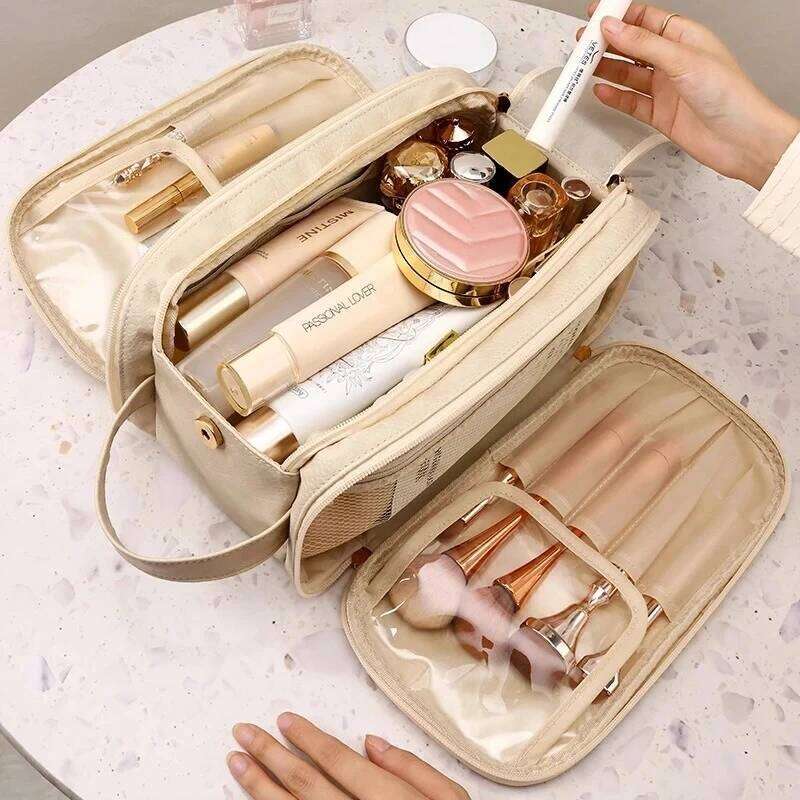 Multifunctional Makeup for Women PU Leather Large Capacity Portable Double Zipper Travel Toiletries Storage Bag Y260206