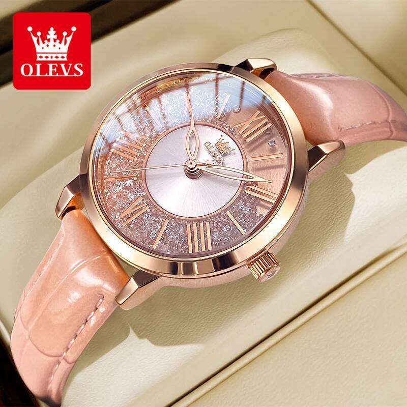 OLEVS 5539 Quartz Woman Flowing Crystal Design Roman Numeral Scale Ladies Wristwatch Leather Strap Waterproof Womens Watch Z260206