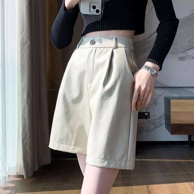 High Waist Leather Shorts Women's Outerwear Boot Pairing Black Wide Leg Straight Cut Winter Spring Autumn Three-quarter Length XJ260206