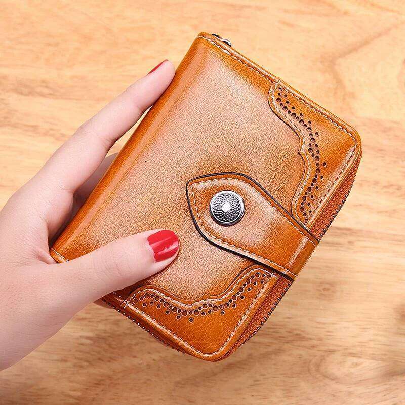 Women's Hollow Wallet Oil Wax Leather Money Clip High Quality Hasp Zipper Purse Female Clutch Coin Card Holders Bolsos Y260206