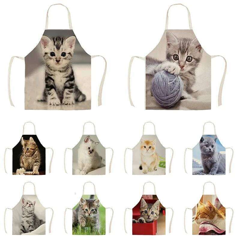 Kitchen Apron Lovely Cat Printed Linen Aprons for Men Women Home Cleaning Tools Cooking Baking Accessories Delantal Cocina S260205