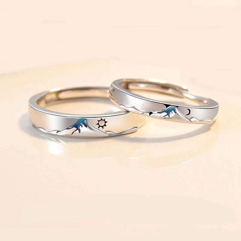 Romantic Sun Moon Couples Blue Sea Enamel Women Men Lovers Rings Sweet Open Adjustable Anniversary Valentine's Day Jewelry W260206