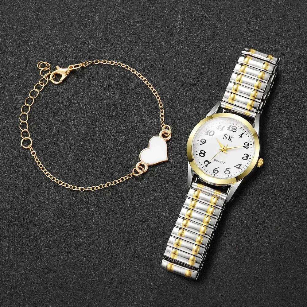 2PCS/Set Fashion Arabic Dial Women Watches Elastic Band Ladies Quartz Wristwatches Heart Bracelet Set Reloj MujerWithout Box Z260206