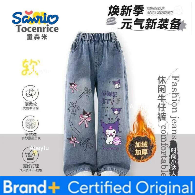 Sanrio Hello Kitty Kuromi Cinnamoroll My Melody Girls Jeans Straight Wide Leg Loose Fit Fleece-Lined Spring Autumn Winter Pants H260206
