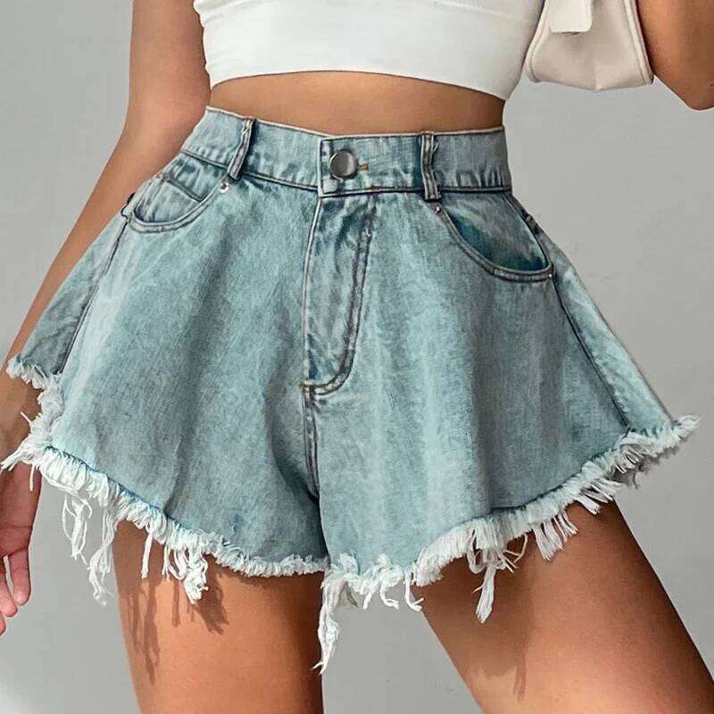 Jean Women Fashion Casual Denim Shorts with Pocket Tassel High Waist Loose Trendy Half Pants Streetwear 2025 Summer New C260206