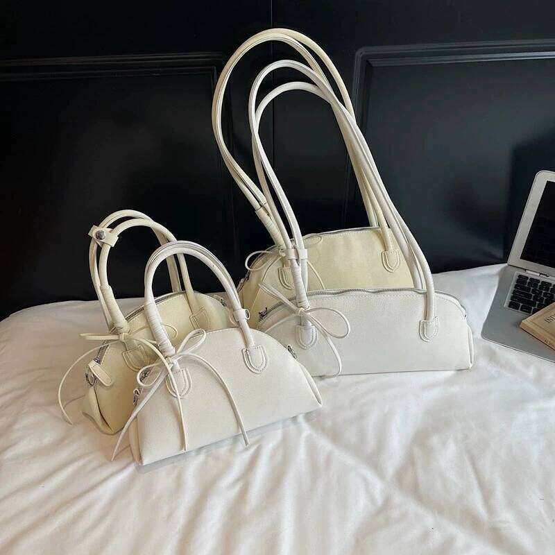 Summer Women Fashion Shoulder Bag Solid Color PU Zipper Bow Texture Handbag Korean Casual Retro Female Commuting Bags Y260205
