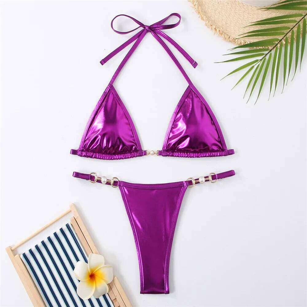 Blue Bright Surface Swimwear Halter String Triangle Micro Bikini Mujer Sexy Swimsuit Women Bead Bathing Suit Bikinis Sets 2025 Z260206