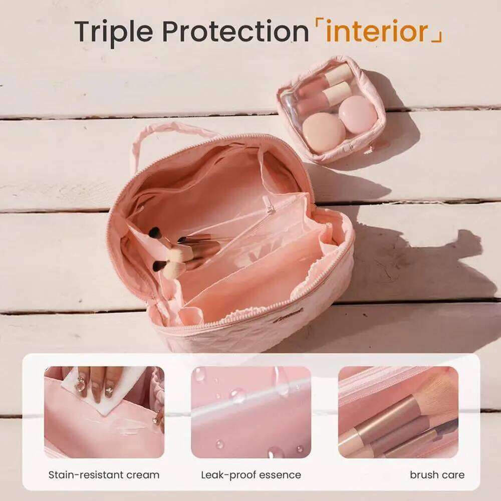 Portable Makeup Bag with Handle Large Capacity Pink Travel Cosmetic Washbag for Women Beauty Essentials Storage Y260206
