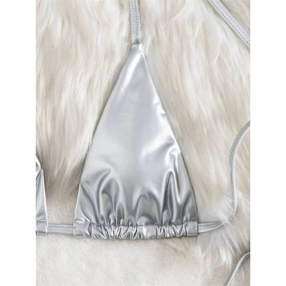 PU Silver Bikini Triangle String Halter Backless Extreme Y2K Swimsuit Push Up Swimwear Micro Thongs Women Beach Set Bathing Suit Z260206