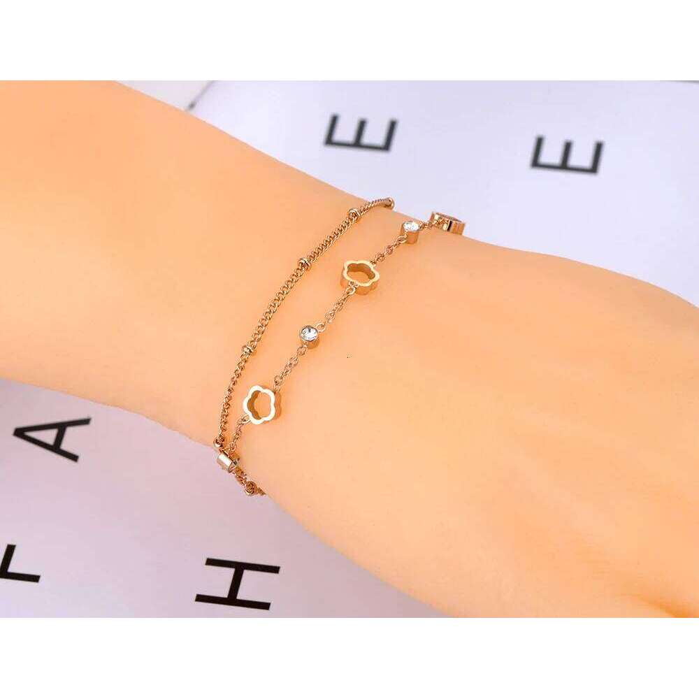 JeeMango Bohemia Stainless Steel Double-layer Charm Bracelets Trendy CZ Crystal Flower Chain Jewelry For Women JB2102 26H0206