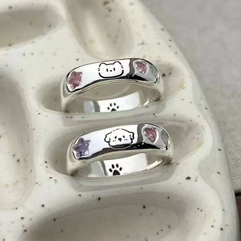 2PCS Korean Sliver Color Zircon Cute Dog Rings for Women Simple Cat Cartoon Couple Ring Fashion Best Friend Jewelry W260206