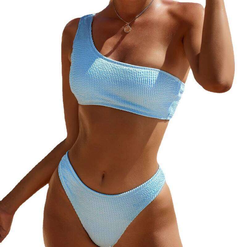 One Shoulder Bikini Textured Swimwear High Cut Swimsuit Solid Bathing Suit Women Brazilian 2024 Fashion Z260206