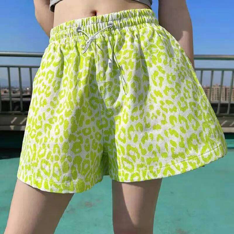 New Summer Blue Leopard Print Shorts for Women Loose Wide-leg Elastic Waist Personality Casual Jeans Hot Pants XJ260206