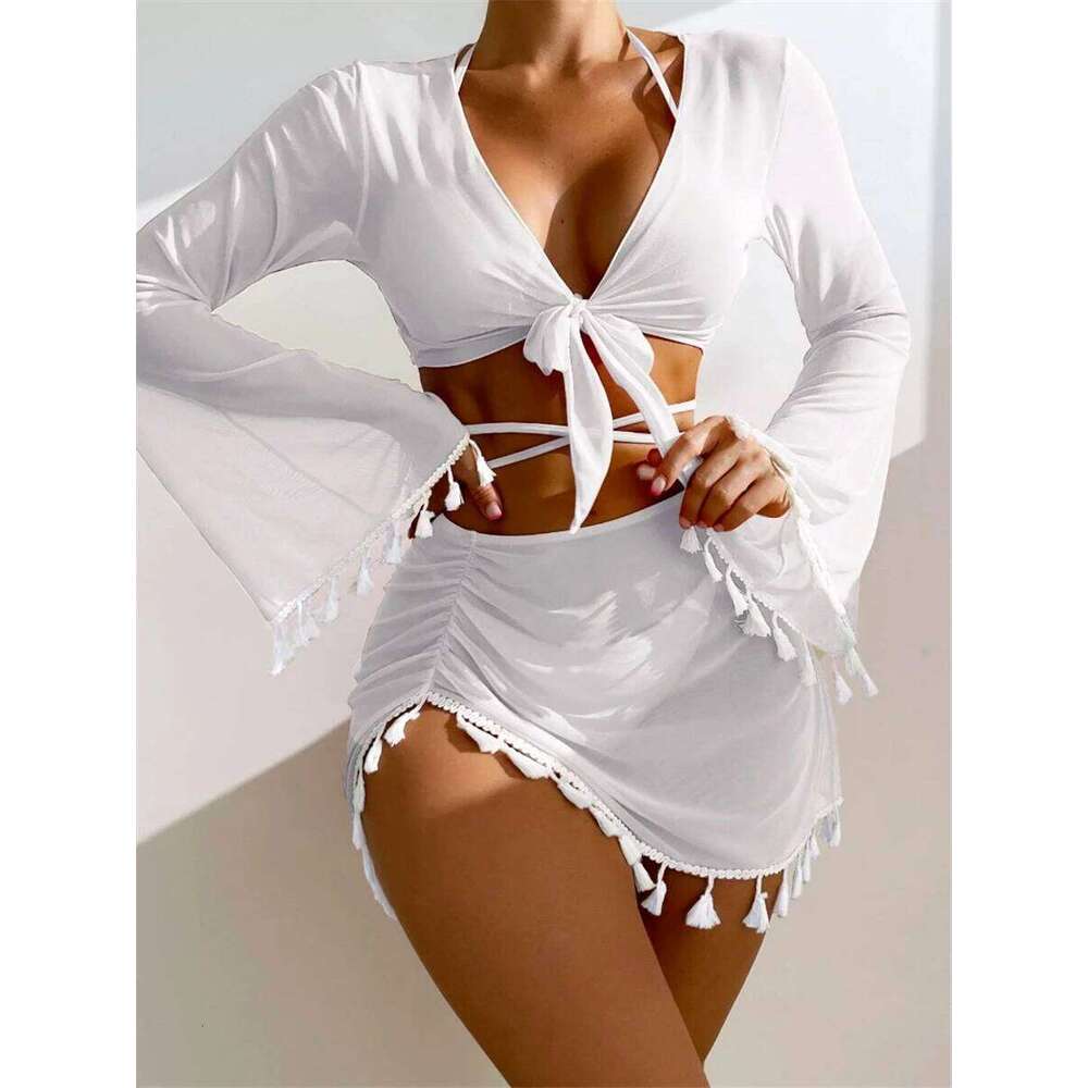 Sexy 4 Pieces Halter Bikinis Women Solid Swimwear Female Cover Up Swimsuit Long Sleeve And Skirt Bathing Suit Beachwear Summer Z260206
