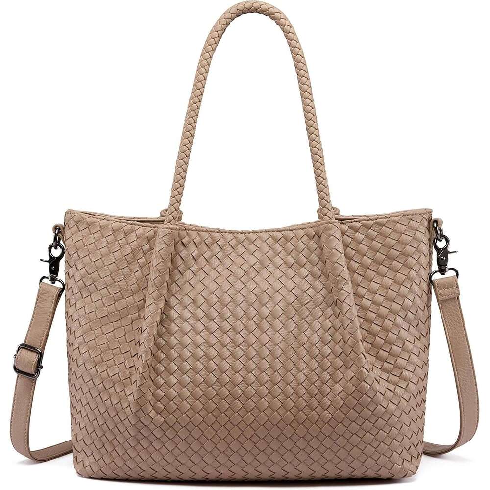 Woven Tote Bag Women Vegan Leather Shoulder Handbag For Travel Work Crossbody Purse