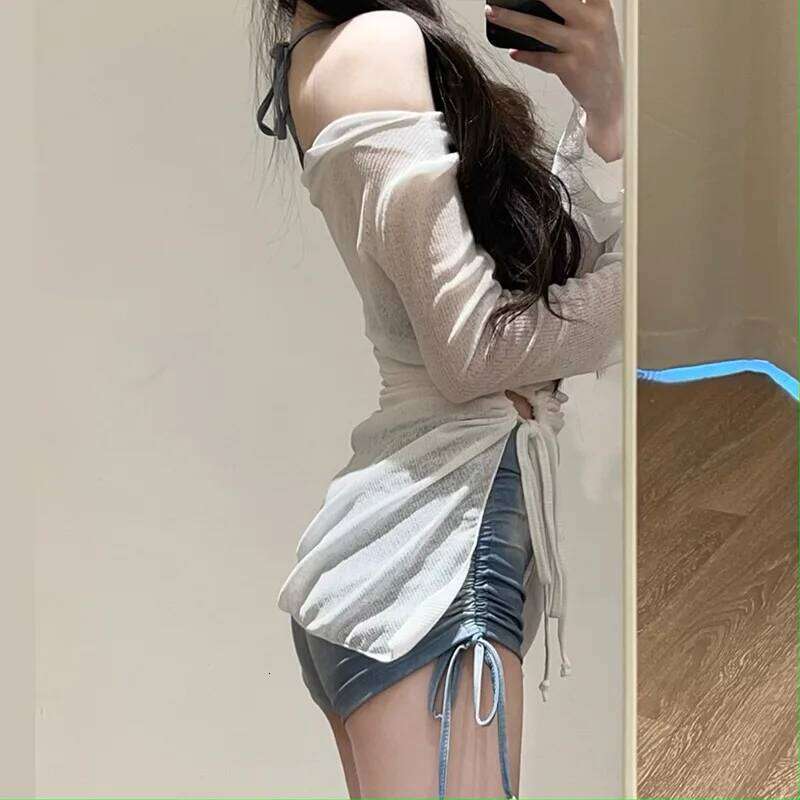 Blue Tie Dye Split Bikini Cover, Sexy Women's Hot Spring Swimsuit Three Piece Set XJ260206