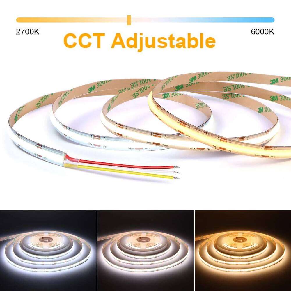 24V 12V DC CCT COB Strip Light 2700K to 6500K Color-Changing LED Tape Linear Double Color RA90 Dimmable Ribbon 10mm Width -J Z260206