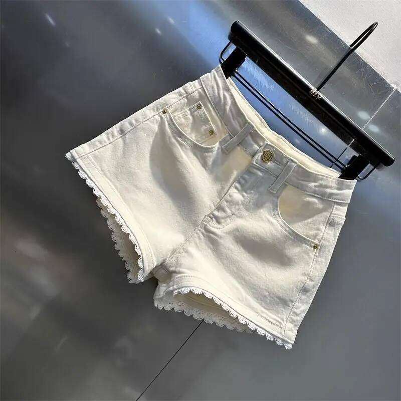 Korean Style Spliced lace Denim Shorts for Women 2025 Design High Waist Elastic Versatile Hot Pants XJ260206
