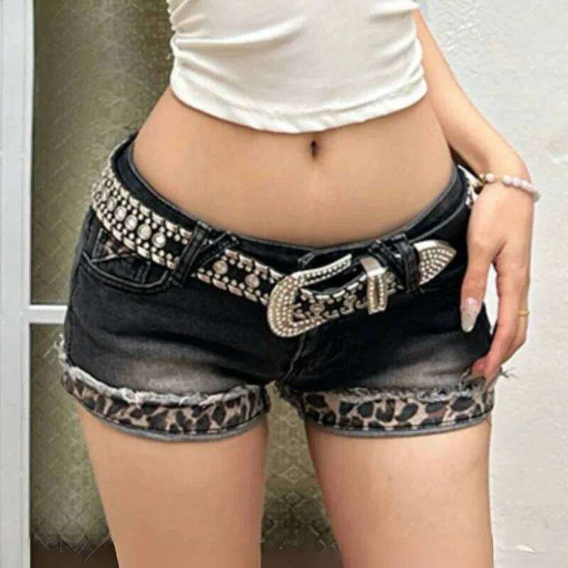 Harajuku Vintage Denim Y2K Women Grunge Coquette Low Rise Skinny jean Shorts Woman Sexy Leopard Print Mini Short Pants XJ260206
