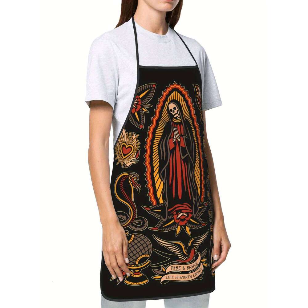 Retro Tattoo Design Skull & Floral Print with "Rise From Ashes" Quote - Durable Kitchen Apron for Cooking, Restaurants S260205