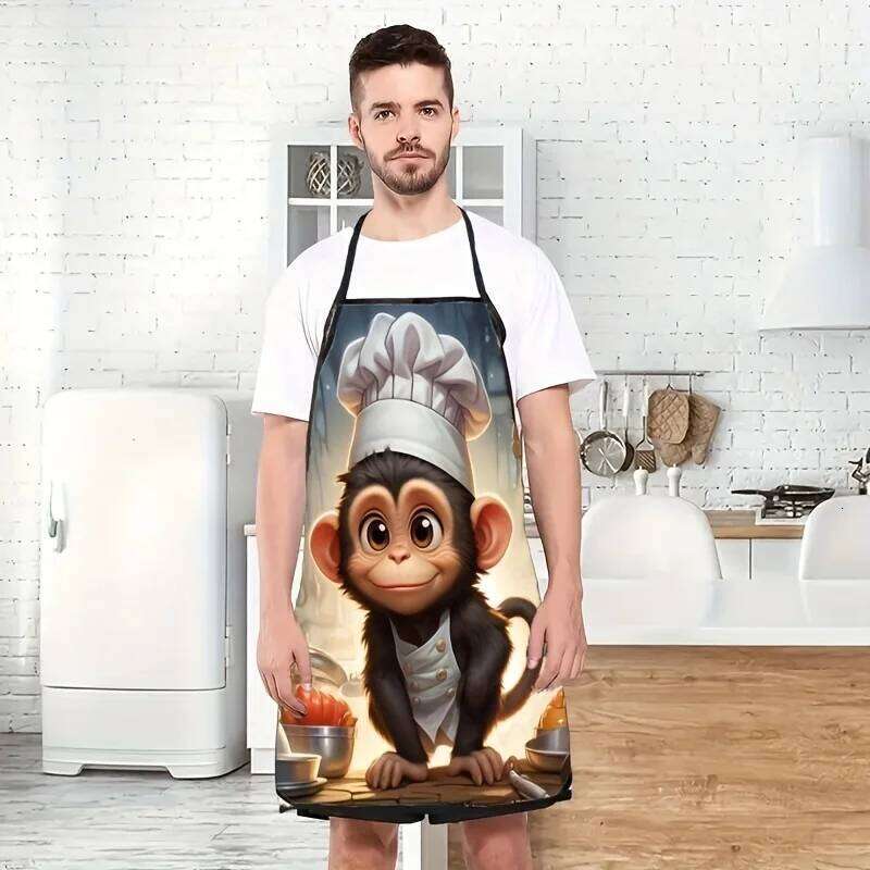 Funny Monkey Chef Hat Cartoon Kitchen Apron, Digital Print Design for Cooking & Dining S260205