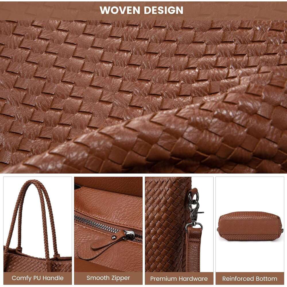 Woven Tote Bag Women Vegan Leather Shoulder Handbag For Travel Work Crossbody Purse