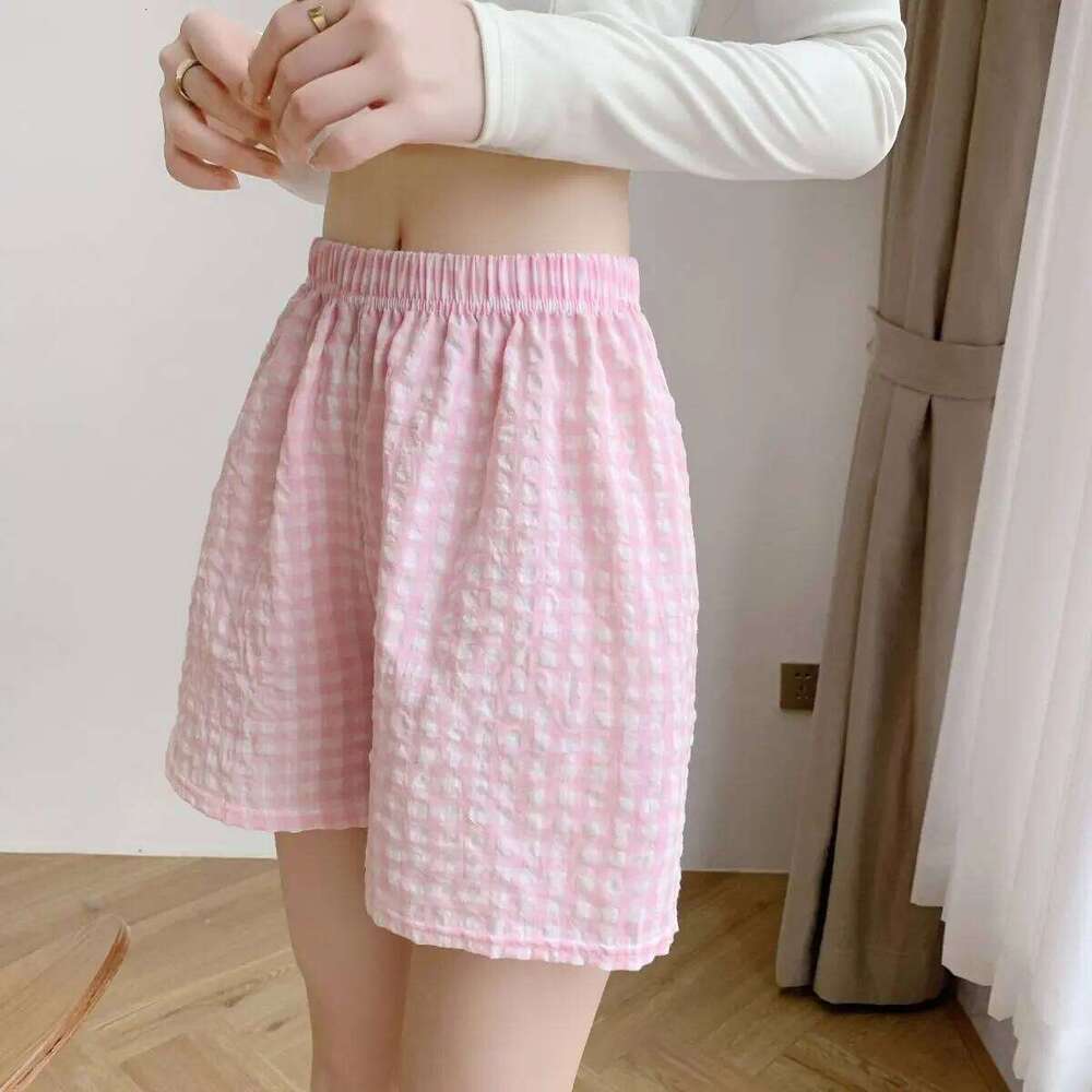 Summer Home Shorts Women's High Waisted Slimming Wide Leg Sports Casual Loose Plaid Pajama Pants XJ260206