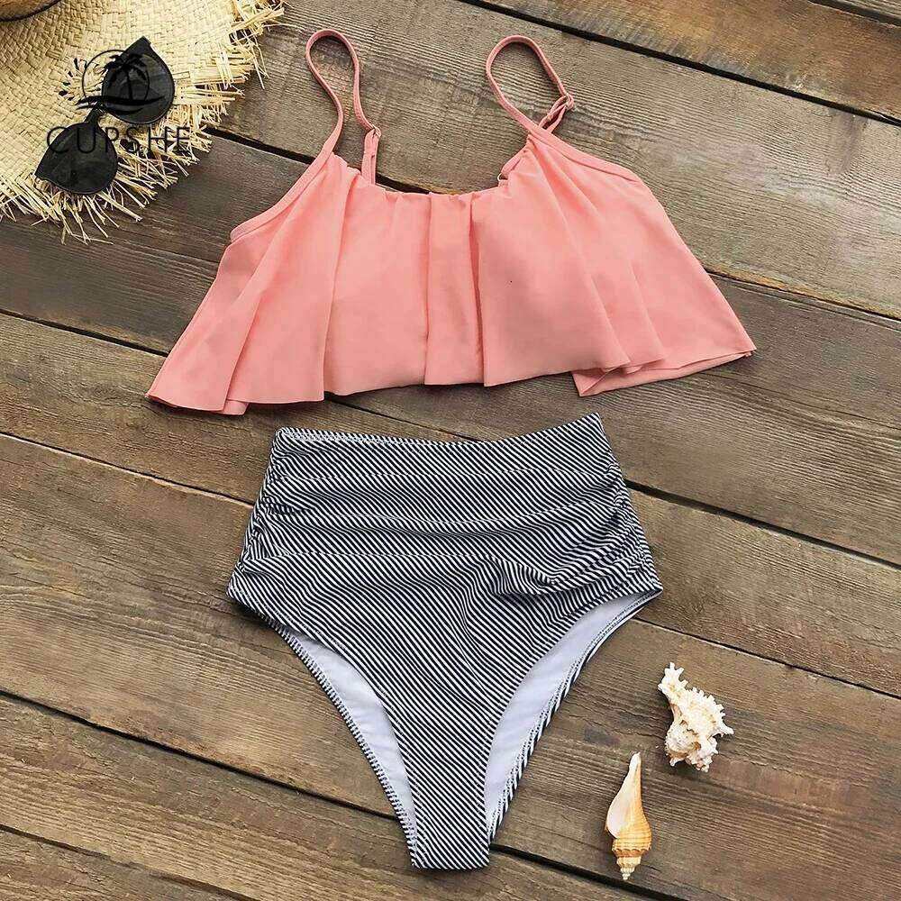 Pink and Stripe High Waisted Bikini Sets Sexy Tank Top Swimsuit Two Pieces Swimwear Women New Beach Bathing Suits XJ260206