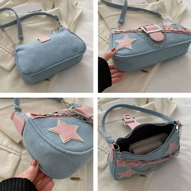 Y2k Cool Hot Girls Denim Shoulder Bags Vintage Rivet Star Women's Chain Underarm Bag Contrasting Color Female Portable Handbag Y260205